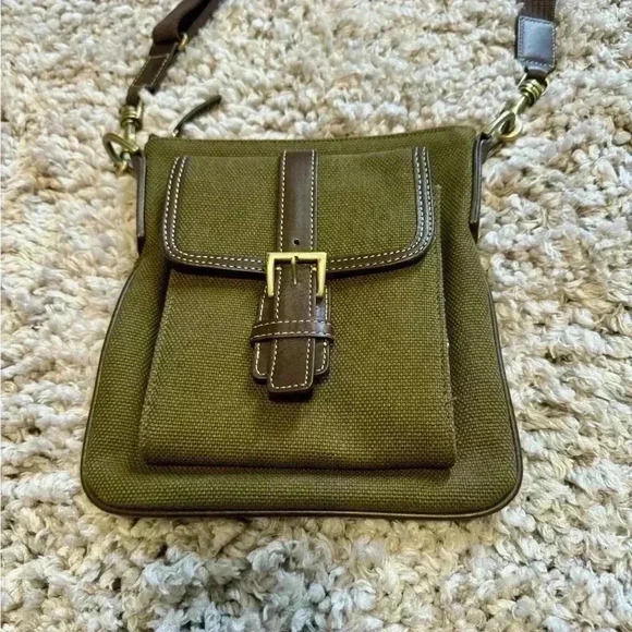 Eddie Bauer army green canvas leather trim crossbody - Picture 1 of 10